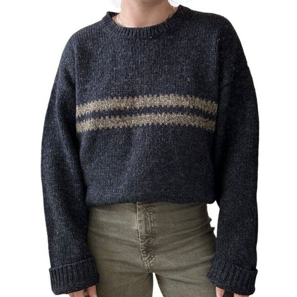 Vintage 1990s EMS Mens Wool Charcoal Gray Striped Chunky Distressed Sweater XL - Picture 1 of 10